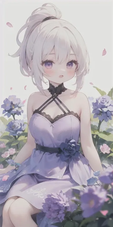 1girl, ponytail ,white hair, purple eyes, (dress:1.3), medium breasts, collarbone, flowers and petals, (illustration:1.1), (perfect details:1.1), landscape, background, rose, abstract, <lora:My Girl:0.3>