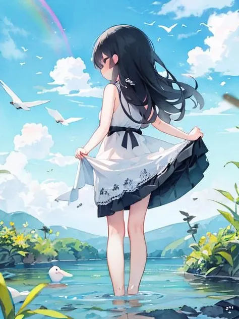 masterpiece, best quality, absurdres, illustration, watercolor,
1girl, solo, long hair, black hair, dress, skirt hold, wading, sleeveless, barefoot,  shoulders, standing, ,
outdoors, cloud, sky, bird, water, rainbow,