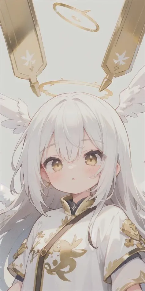 ****, illustration,heaven background, 1girl, white hair, golden eyes, long hair, halo, 2 wings, serene expression, looking at viewer