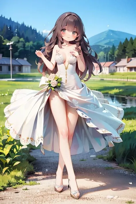 (full_body, photo-realistic:1.30), (spotlight illumination, rich shadows, sparkling bokeh, exquisite details, high-resolution, 35mm film), (countryside, mountain, lake),
(1girl solo, blushing, floating long hair, dynamic pose, long legs, loving_viewer), (wedding dress, dazzling accessories, captivating eyes, red lips)
(medium_breast, nipple perky),