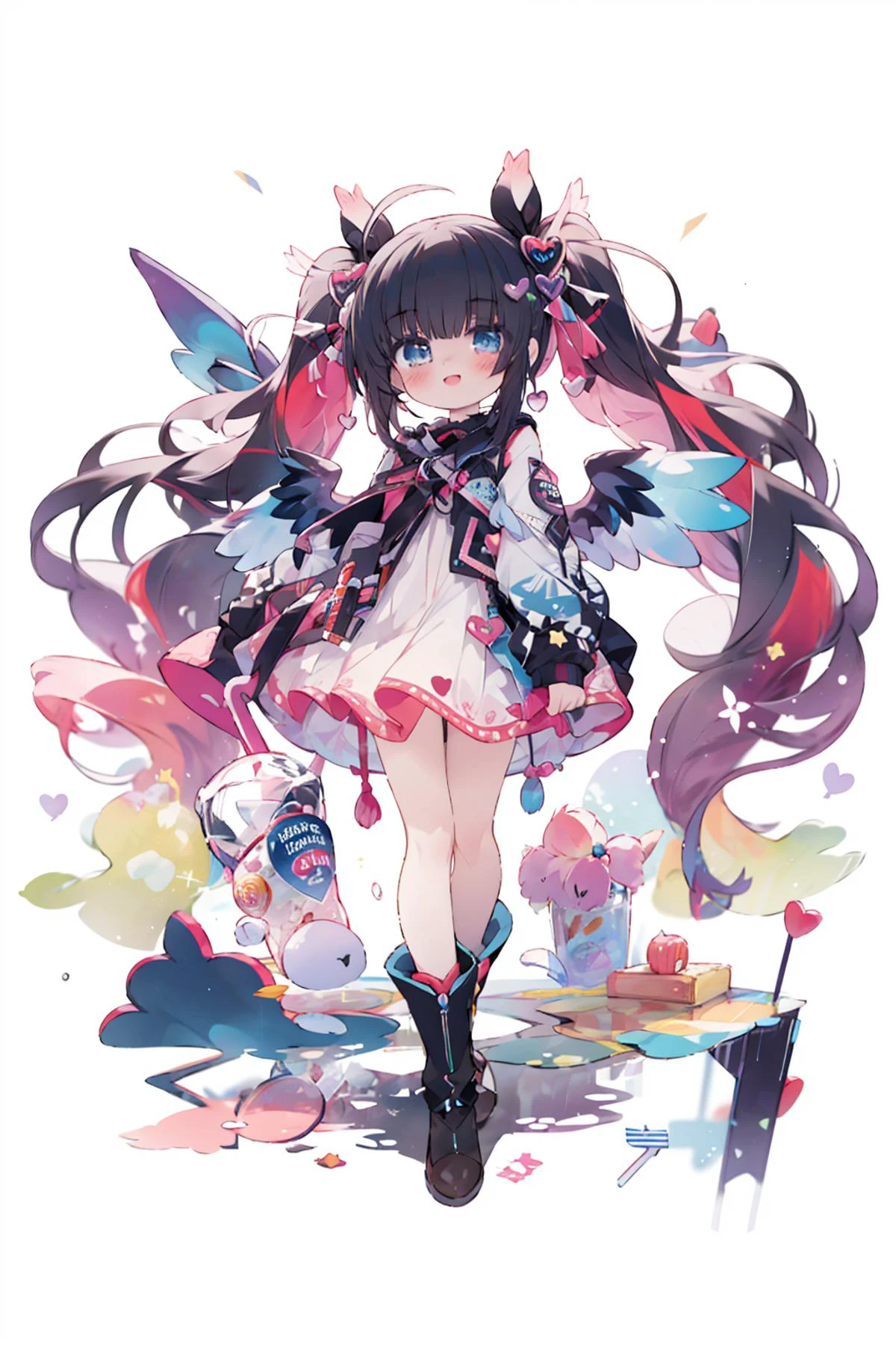 <lora:mgedemon-000005:1.1>, (masterpiece:1.2), best quality,PIXIV,Colorful portraits, multicolored,1girl, solo, long hair, heart, very long hair, wings, pink hair, looking at viewer, dress, blue eyes, bangs, white wings, bow, twintails, full body, standing, boots, multicolored hair, white footwear, high heels, bottle, smile, hair bow, hair ornament <lora:Colorful portraits_20230715165729-000018:0.6>, <lora:AlK-000009:1>
