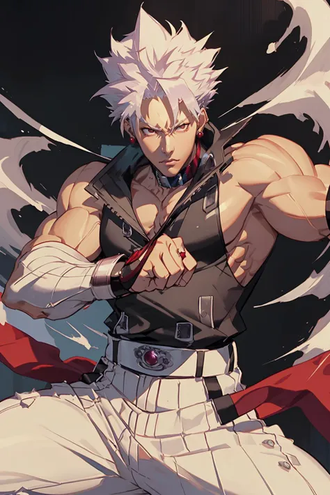 <lora:guiltygear_zanuff:0.9> chipp zanuff, spiked hair, collar, white pants, jewelry, choker, muscular, fighting stance,, (masterpiece, best quality,highres, perfect hands), masterpiece,best quality,ultra-detailed,very detailed illustrations,extremely detailed,intricate details,highres,super complex details,extremely detailed 8k cg wallpaper