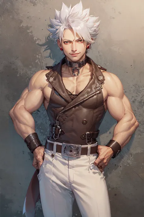 (masterpiece, best quality:1.2), <lora:guiltygear_zanuff-10:0.9>, cowboy shot, solo, male focus, 1boy, chipp zanuff, smile, closed mouth, looking at viewer, hand on hip, spiked hair, collar, white pants, jewelry, choker