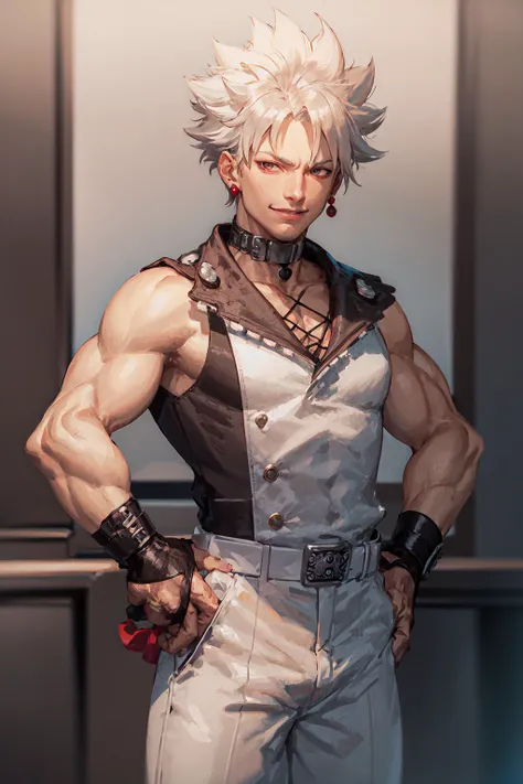 (masterpiece, best quality:1.2), <lora:guiltygear_zanuff-10:0.9>, cowboy shot, solo, male focus, 1boy, chipp zanuff, smile, closed mouth, looking at viewer, hand on hip, spiked hair, collar, white pants, jewelry, choker