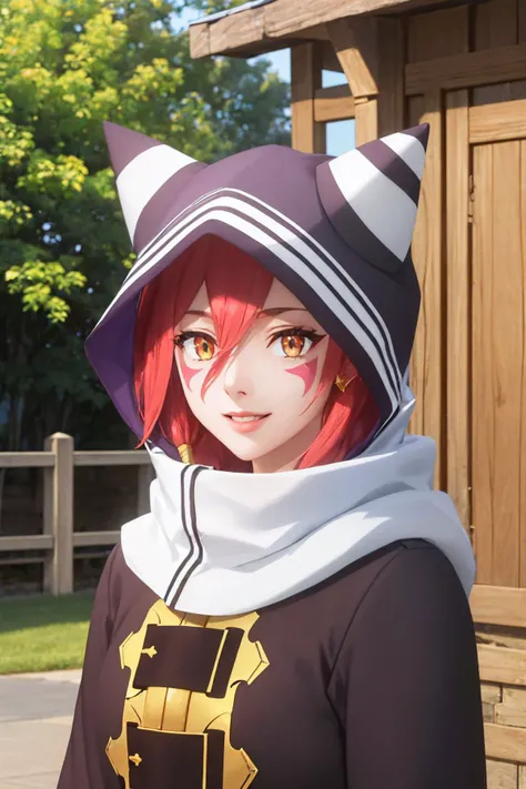 (masterpiece, best quality:1.2), solo, 1girl, ksarnes, facial mark, smile, looking at viewer, hood <lora:konosuba_arnes:0.8>