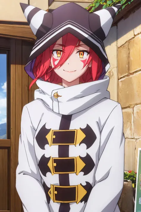 (masterpiece, best quality:1.2), solo, 1girl, ksarnes, facial mark, smile, looking at viewer, hood <lora:konosuba_arnes:1.0>