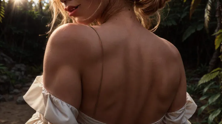 <lora:PeachFuzz:1> masterpiece RAW (extreme close up:1.1), focus on shoulder, woman wearing a gown with straps, (backlit, edgelight, rimlight:1.1), strong sun, bun hairstyle, golden hour, lensflare, outdoor in jungle, DOF blurred dark background