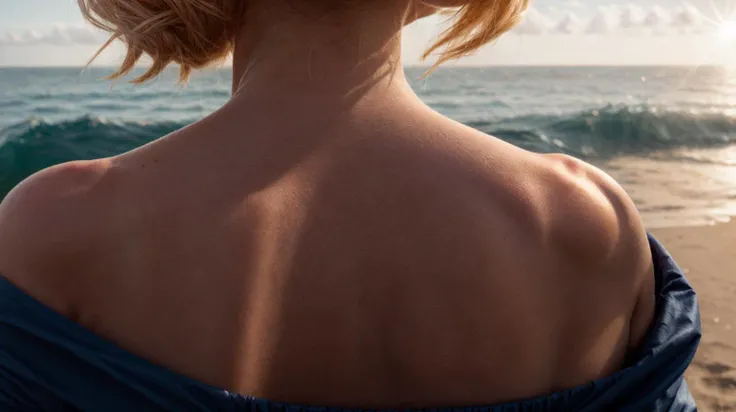 <lora:PeachFuzz:0.85> masterpiece RAW (extreme close up:1.1), focus on shoulder, woman wearing a gown with straps, (backlit, edgelight, rimlight:1.1), strong sun, bun hairstyle, golden hour, lensflare, outdoor at the beach, DOF blurred dark blue ocean background