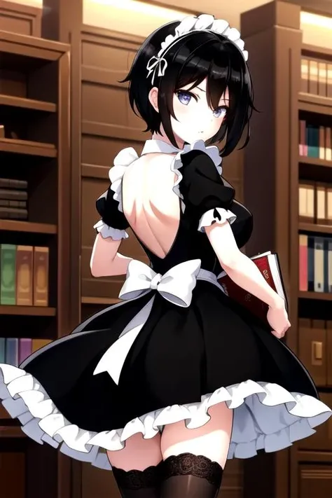 <lora:ShionSuminoe-04:0.7> , shionsuminoe, looking at viewer, short hair, black hair, thighhighs, dress, holding, hair between eyes, short sleeves, frills, puffy sleeves, looking back, black thighhighs, indoors, from behind, apron, black dress, puffy short sleeves, book, maid, maid headdress, frilled dress, lace trim, maid apron, backless outfit, bookshelf, back bow, lace-trimmed legwear, library, duster
