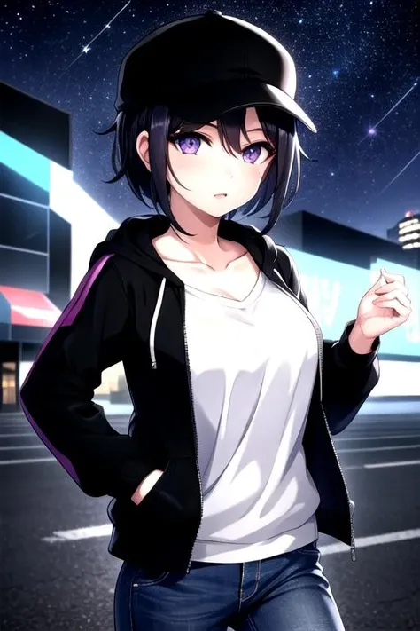 <lora:ShionSuminoe-04:0.7> , shionsuminoe, looking at viewer, short hair, purple eyes, shirt, black hair, hat, hair between eyes, collarbone, jacket, outdoors, open clothes, sky, pants, hood, black headwear, hoodie, night, plant, denim, star (sky), baseball cap, starry sky, hand in pocket, jeans, neon lights
