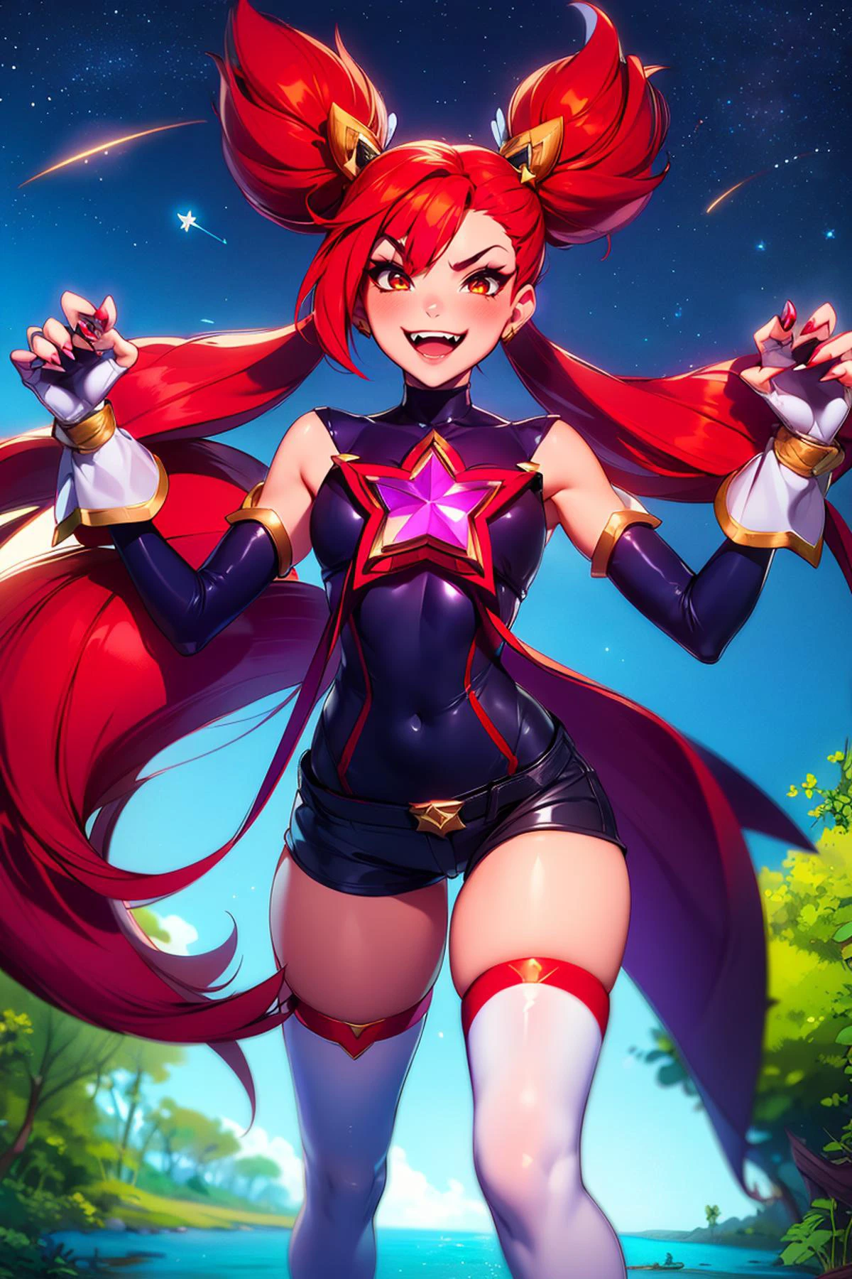 1girl, solo, ((enthusiastic)), flexing, (adult, mature), (pouncing), claw pose, masterpiece, best quality, WHITE THIGHHIGHS, ELBOW GLOVES, HAIR ORNAMENT, SHORT SHORTS, STAR GUARDIAN \(LEAGUE OF LEGENDS\), TWINTAILS, LONG HAIR, RED HAIR, FANGS ,<lora:Tweak_Detail25:0.5>, Tweak_PrettyEyes:0.8 <lora:Tweak_Colorful-V2:0.7>, with a mangrove forest in the background, shooting star streaking across the sky <lora:Char_lol-StarGuardianJinx:0.7>