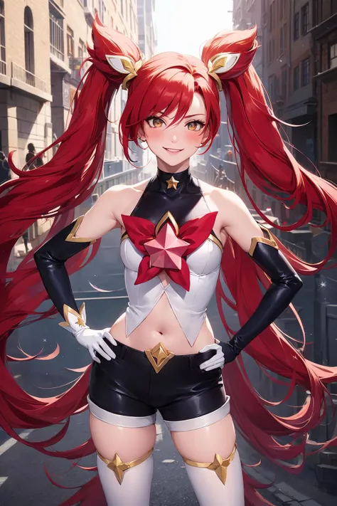 (solo, 1girl), (absurdres, ,highres, official wallpaper, poster), (masterpiece, best quality:1.2), (illustration, realistic), (perfect details, highest detailed, extreme detailed), dramatic light, <lora:starguardianjinx:0.8>, starguardianjinx, (white thighhighs, elbow gloves, hair ornament,white shorts, star \(symbol\), choker, star guardian \(league of legends\), twintails, long hair, red hair), (crazy eyes, crazy smile, blush, standing, street, sunlight, people, hand on hip)