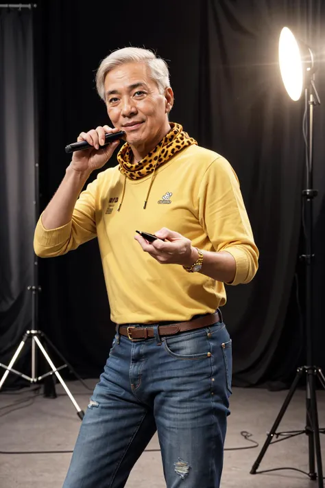 I have a pen! BREAK I have an apple! BREAK I have Pineapple!  BREAK SEE?! BREAK Put them together! BREAK Pen Pineapple Apple Pen!!! BREAK , Dancing, a japanese man in his 50s in a yellow jump suit, wearing a yellow shirt with a leopard print scarf dancing, elderly, mature male, indoors, studio, white background, studio lighting, BREAK PPAP! PPAP! DuskMovie