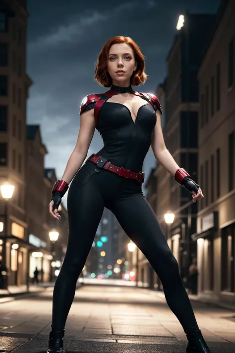 (masterpiece, best quality, ultra-detailed, highres, best illustration), 1girl, female focus, solo, red hair, short hair, (Black Widow, Natasha Romanov), green eyes , side lighting, lustrous skin, (shine), scarlett johannson vibes, (shiny skin), ray tracing, tshirt, pants, wind swept hair, detailed hair, detailed face, depth_of_field, very detailed background, extreme light and shadow, (detailed eyes), perfect anatomy, Floating, dynamic angle, wide shot, full body, city scape, extreme light and shadow, marvel cinematic universe, cinematic, night sky LimitBreakStyler