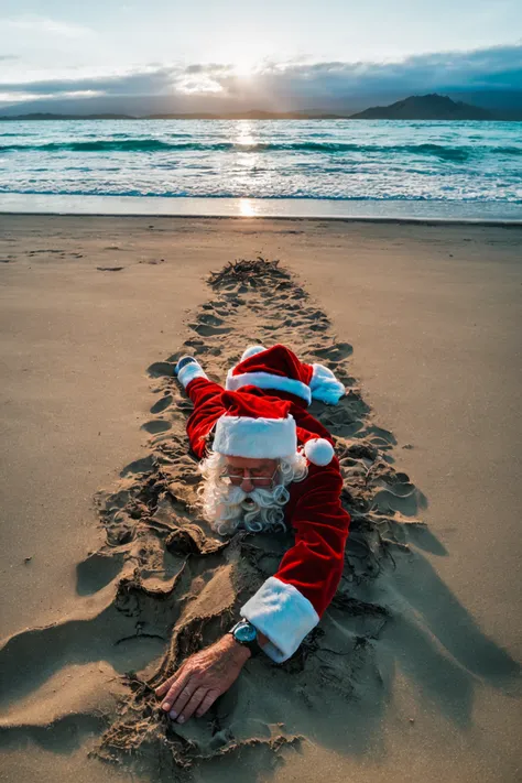 Santa's dead on the beach in New Zealand from drinking too much beer