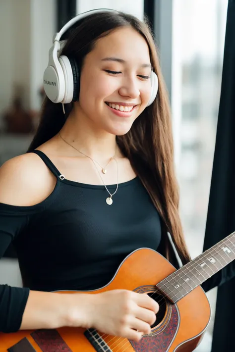 1girl, solo, long hair, looking at viewer, blush, smile, long sleeves, holding, jewelry, sitting, purple eyes, collarbone, upper body, braid, white hair, grey hair, parted lips, indoors, necklace, off shoulder, sweater, window, single braid, headphones, instrument, couch, hair over shoulder, music, guitar, brown shirt, playing instrument, holding instrument, bra strap, acoustic guitar
