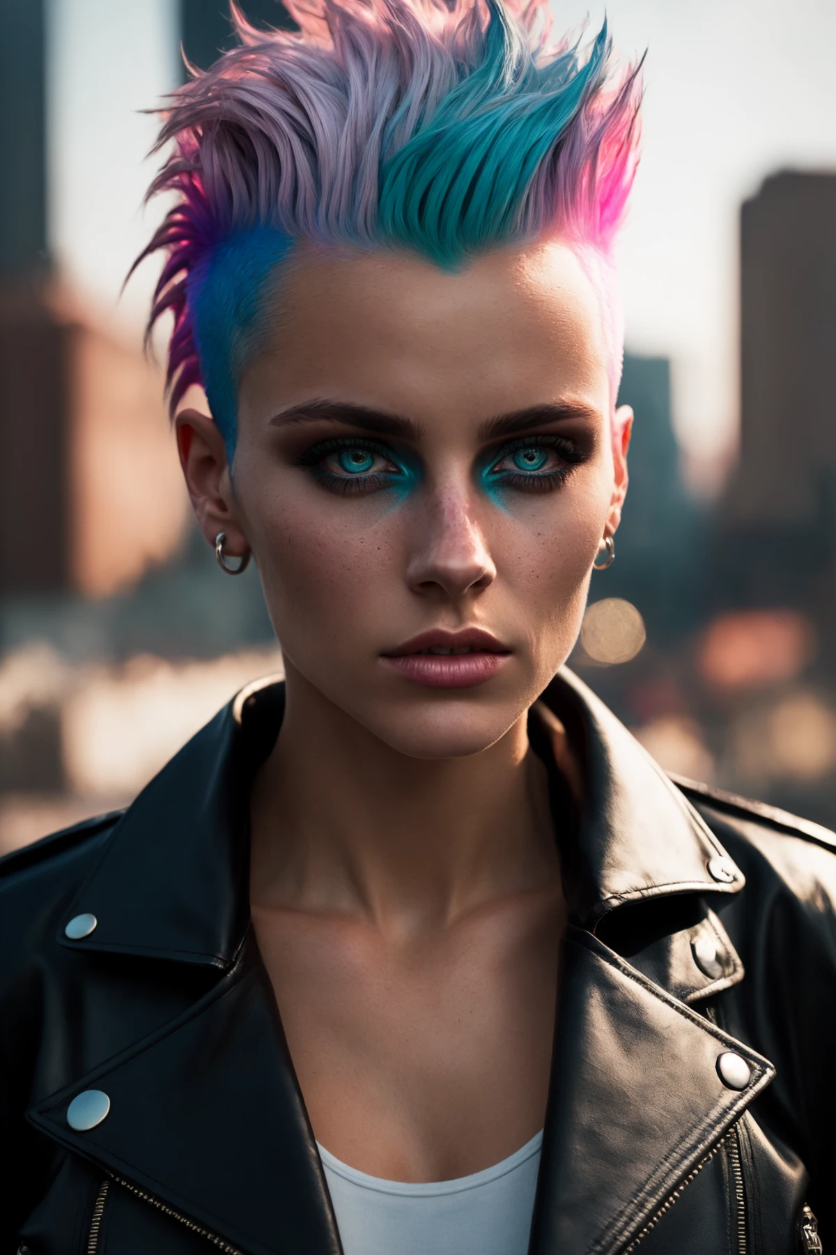 A girl with short multicolored pink teal and blue hair faux hawk style, red eyes, leather jacket, crop top, upper body, outdoors, cyberpunk city, she has shaved hair,medium close up, ultra sharp, mohawk style EarthPorcelain