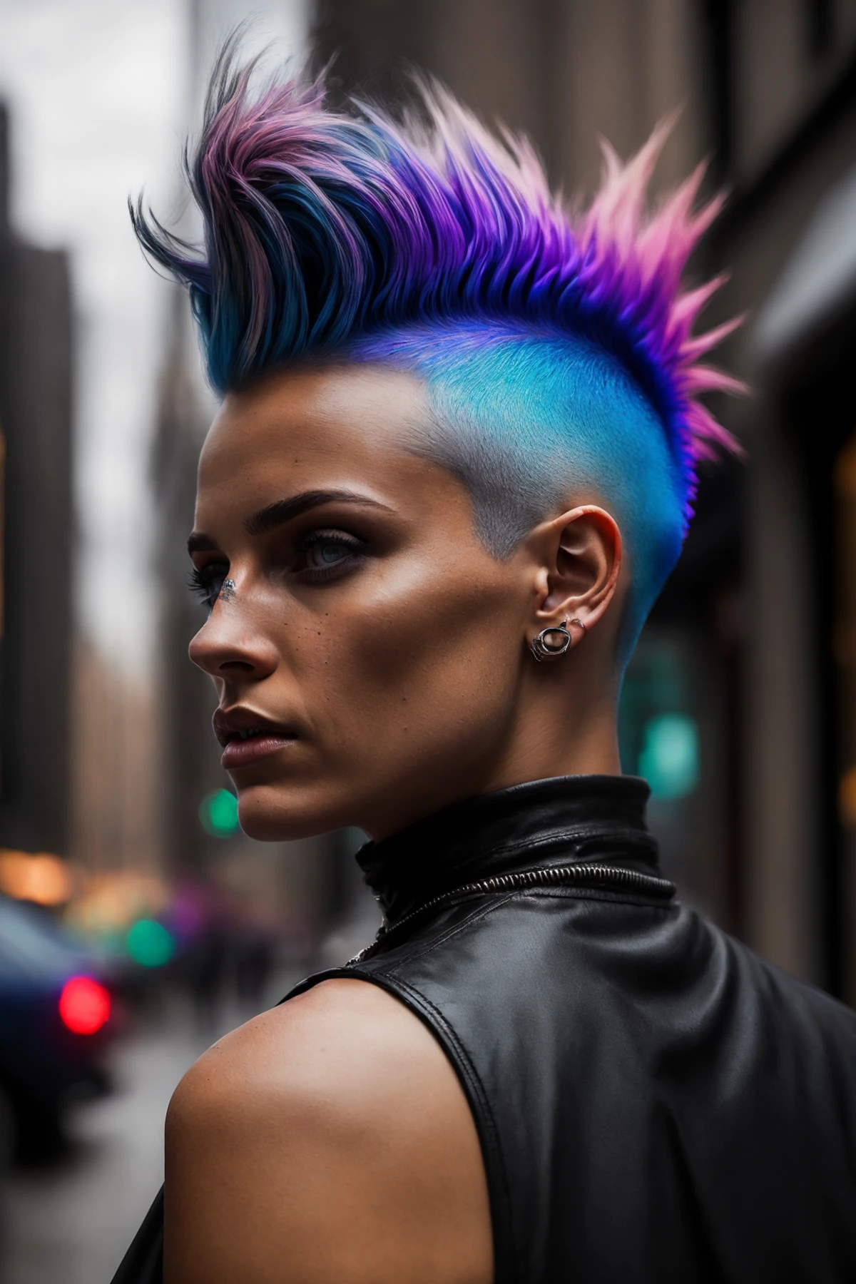 A girl with short rainbow hair faux hawk style, outdoors, cyberpunk city, she has shaved hair, mohawk style AmericanHeritage-Pos