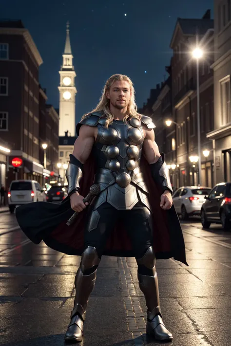 (masterpiece, best quality, ultra-detailed, highres, best illustration), 1boy, solo, male focus, bara, (norse god thor), blonde hair, chris hemsworth vibes, heterochromia, blue eyes , side lighting, lustrous skin, (shine), (shiny skin), ray tracing, thor of asgard, armor, cloak, tshirt, pants, wind swept hair, detailed hair, detailed face, depth_of_field, very detailed background, extreme light and shadow, (detailed eyes), perfect anatomy, Floating, dynamic angle, wide shot, full body, city scape, extreme light and shadow, night sky LimitBreakStyler