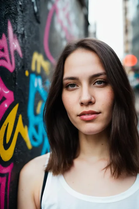 a woman with long hair standing next to a wall with graffiti on it and wearing a white tank top, Anna Hotchkis, portrait photography, dark cinematic aerial photo Desaturated, masterpiece, contest winner, RAW photo, subject, (high detailed skin:1.2), 8k uhd, dslr, soft lighting, high quality, film grain, Fujifilm XT3,  Film still, cinematic, photo of a cute woman, detailed skin texture, shot on film, vibrant colors, neon theme, graffiti art, graffiti