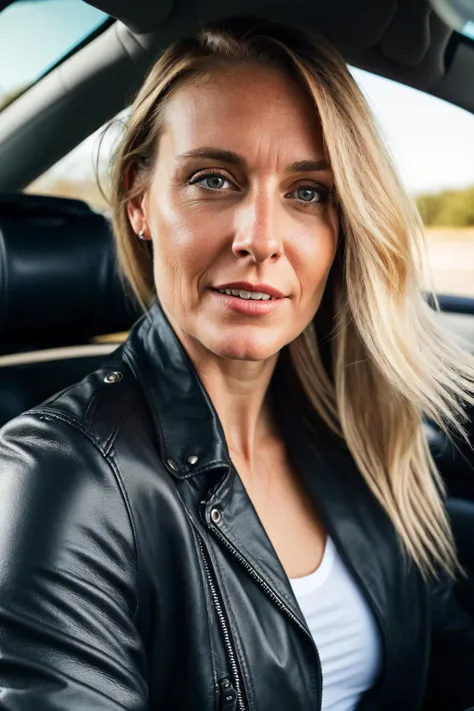 a photo of a 40 year old woman,  driving a motorbike,  long blonde hair,  black leather jacket,  HDR,  intricate details,  detailed face,  detailed eyes,  detailed skin,  extreme realistic