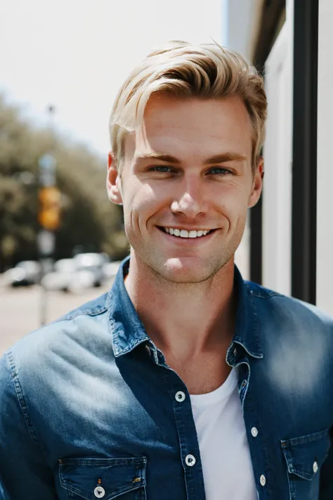 An australian blonde man wearing a denim shirt he's standing outside in the summer sun