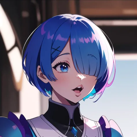 anime, hdr, soft light, ((best quality)), ((masterpiece)), (detailed), lora:ReZeroRem_v10:0.5> 1girl, pale skin, solo, rem_\(re_zero\), cute, light blue hair, short hair, medium breasts, (hair over one eye:1.3), blue eyes, <lora:Pog:1> Pog