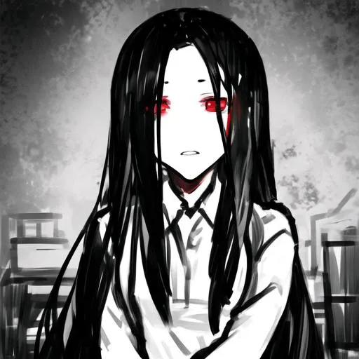 ((masterpiece)),(best quality), absurdres,sadako_yamamura,red eyes,white dress,<lora:Sadakobest:0.7>,  <lora:carbonPainting_v10:1>,jb, monochrome,