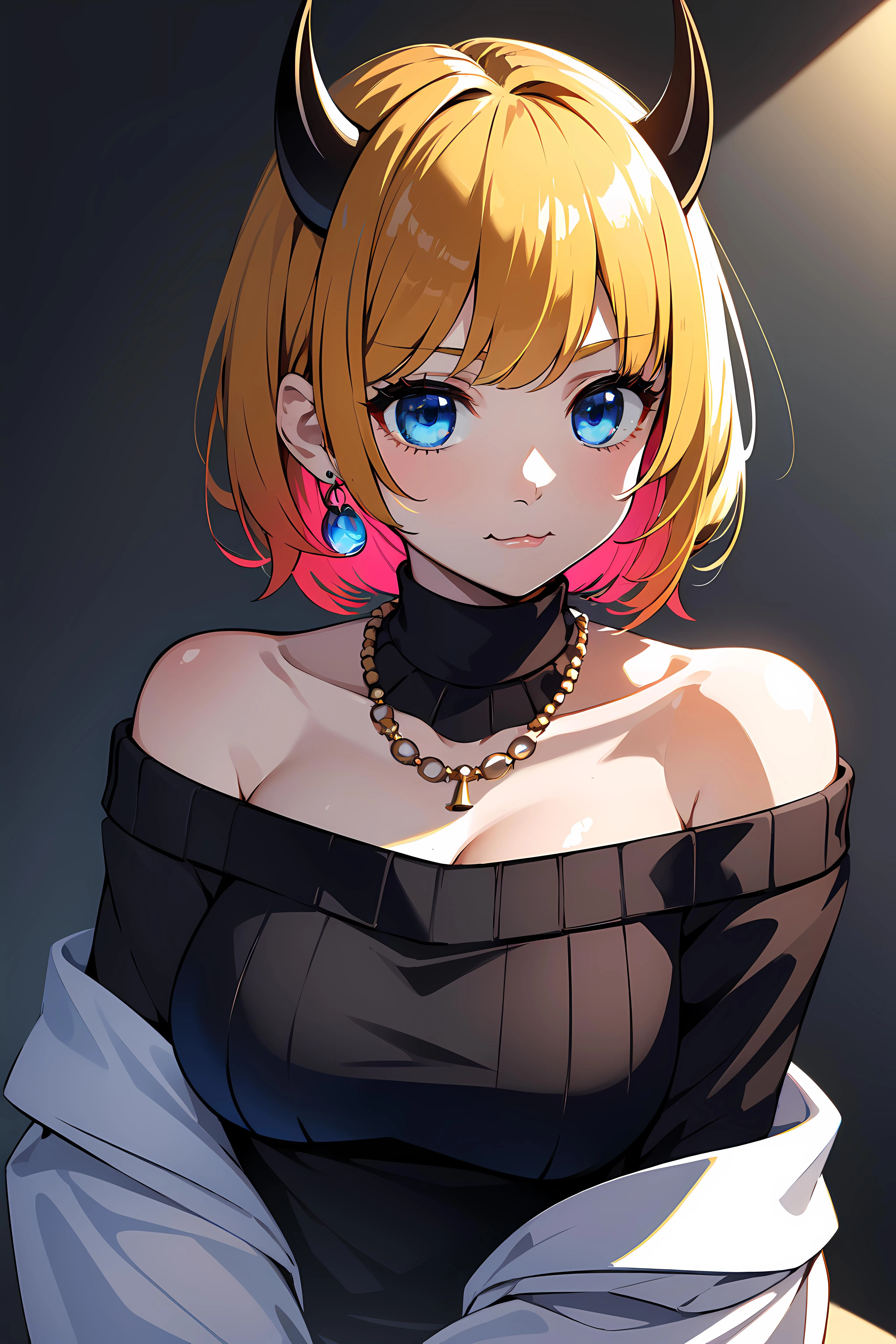 masterpiece,best quality, ultra res, extremely detailed,
1girl,MEMCHO<lora:Memcho:0.6>
multicolored hair, blonde and black hair, short hair, blue eyes, (:3 :1.4)
(BLUE SWEATER, BLACK SHIRT, SHIRT UNDER SWEATER, OFF SHOULDER TOP)
PEARLS NECKLACE, EARRINGS, HORNS
<lora:izumirika_lora:0.4>