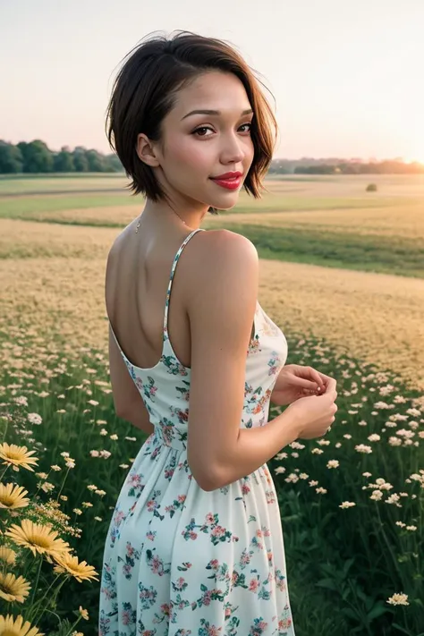 jessicaalba, ((red lipstick, blush)),((detailed skin, detailed face, detailed eyes, beautiful eyes)), ,photo of a woman, RAW, ((beautiful floral print sundress)),((short hair, pixie cut)), ((outdoors, gorgeous meadow, walking)), 8k uhd, dslr, soft lighting, high quality, film grain, Fujifilm XT3 sharp focus, f 5.6,slight smile