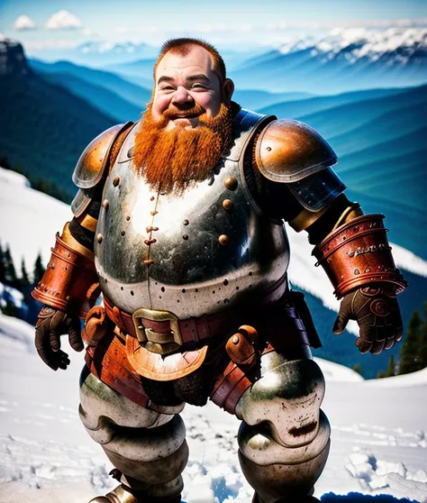 raw photo of happy fat dwarf, armor , natred hair<lora:NatRed:1>, (natfrek skin ):0.2, (high detailed skin:1.2), realistic, strong lighting, strong shadows, high quality, mountains, snow, leather belt