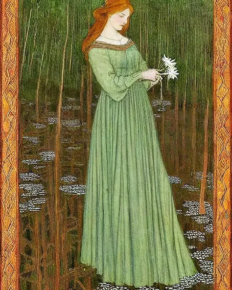 (paintig of woman with ( natred hair) wearing a green ( medieval : XIX century: .8) gown, holding a white flower , forest, lake, perfect face, perfect eyes) by (May Morris | Edward Burne-Jones | Edmund Dulac | Tom Thomson ) ,centered <lora:NatRed:1>