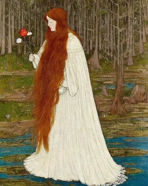 (painting of woman with ( natred hair) wearing a ( medieval : XIX century: .8) gown, holding a white flower in her hand, forest, lake, perfect face+, perfect eyes) by (May Morris | Edward Burne-Jones | Edmund Dulac | Tom Thomson ) ,centered <lora:natred_Ver176:.8>