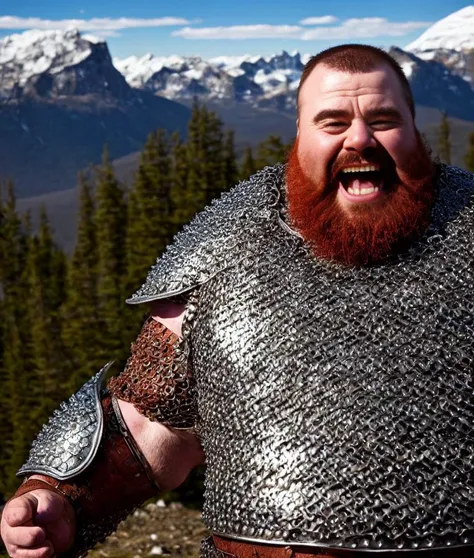 raw photo of happy fat dwarf, chainmail armor , natred hair, (high detailed skin:1.2), male,realistic, strong lighting, strong shadows, high quality, snowy mountains <lora:natred_Ver176:.4>