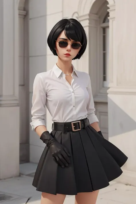 <lora:VRAMsEvie:0.5>, xyzevie, 1girl, black hair, short hair, beautiful, masterpiece, portrait, white shirt, asymmetric shirt, one sleeve, sunglasses, shirt logo, black skirt, gloves, hush, undercover, belt