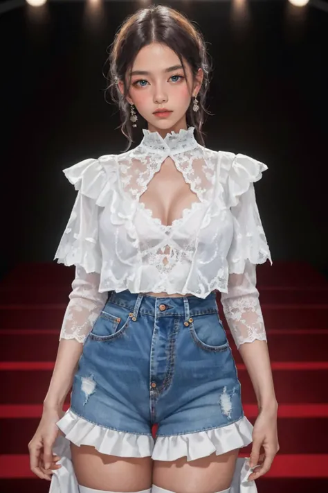 highres,absurdres,masterpiece,best quality,original,extremely detailed CG,extremely detailed wallpaper,perfect lighting,(standing on the stage),blurry background,looking at viewer,
<lora:ruffl3_l4c3_t0p:0.7>,ruffl3t0p,white ruffle blouse top,