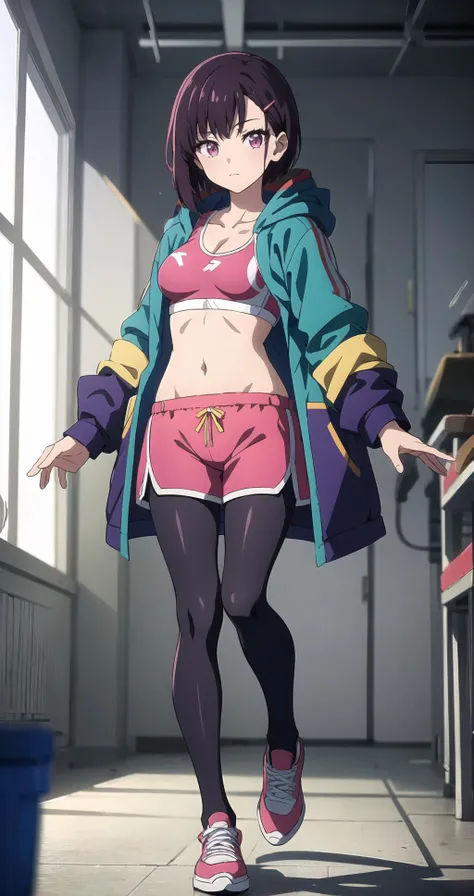 (masterpiece, Highest quality),Intricate details,Shizukazomu,One girl,alone,Dark purple hair,short hair,bangs,Purple eyes,hair ornaments,Hair Clip,Medium chest,Jacket,Food,Fooded Jacket,open Jacket,Long sleeve,Tank top,belly button,Cleavage,abdomen,clavicle,Shorts,legwear under Shorts,pink Shorts,pantyhose,Dynamic pose,shoes,sneakers,Pink footwear,View your viewers,indoor,