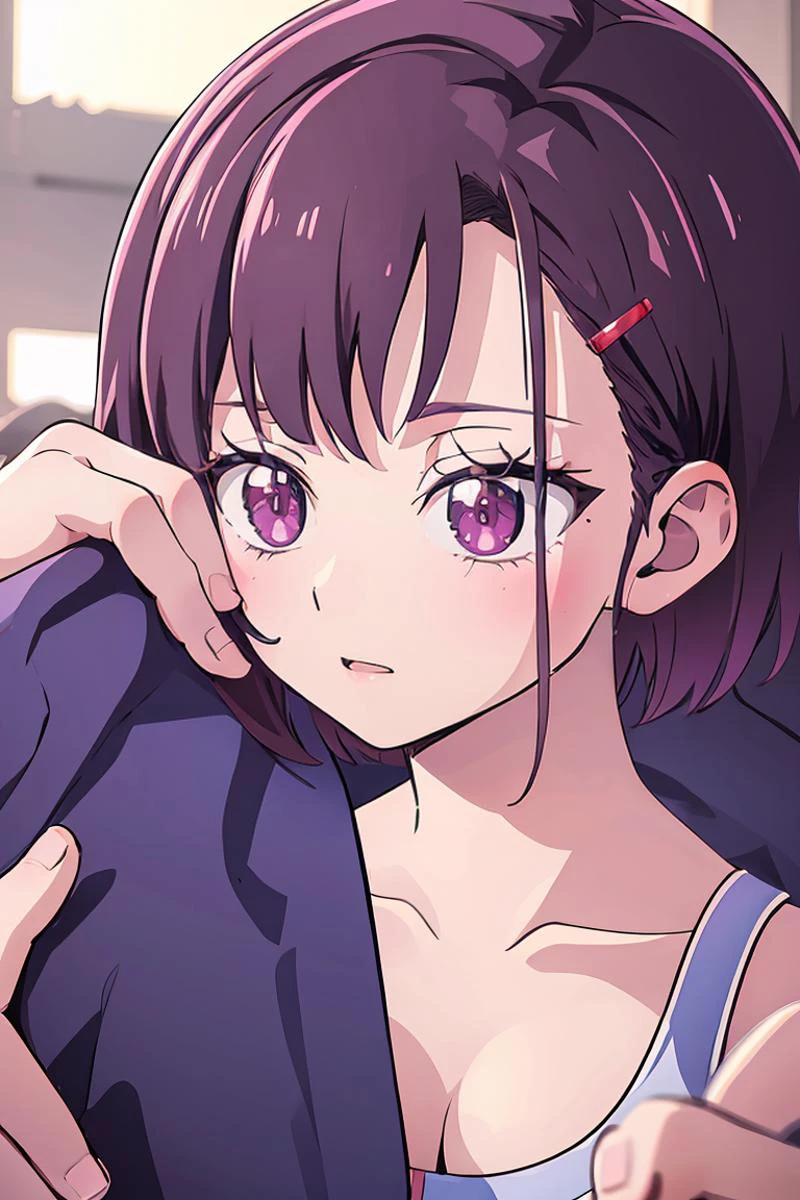 (masterpiece, best quality), 1girl, beautiful face, <lora:shizukazom100:1> shizukazom100, 1girl, dark purple hair, short hair, bangs, purple eyes, hair ornament, hairclip, medium breasts,,