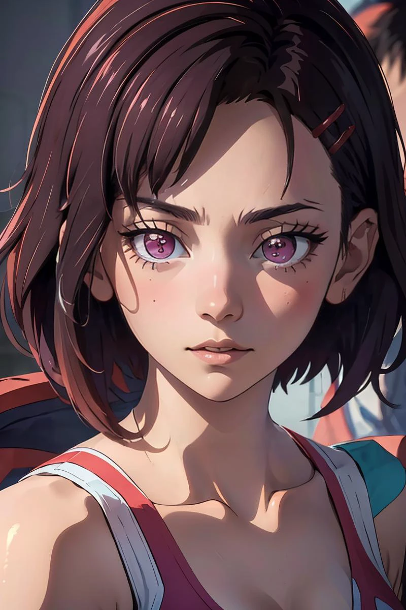 (masterpiece, best quality), 1girl, beautiful face, <lora:shizukazom100:1> shizukazom100, 1girl, dark purple hair, short hair, bangs, purple eyes, hair ornament, hairclip, medium breasts,,