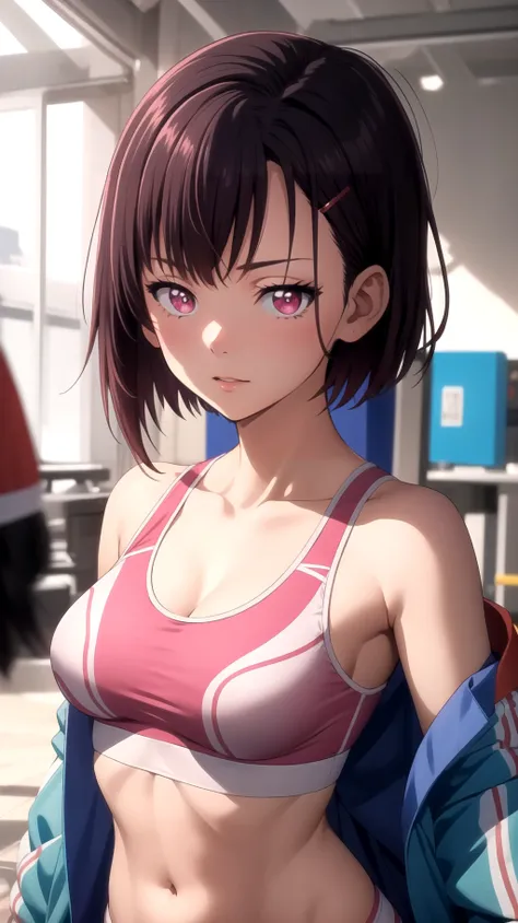 (masterpiece, best quality), intricate details, shizukazom100, 1girl, short hair, dark purple hair, bangs, hair ornament, hairclip, pink eyes, white pupils, medium breasts, collarbone, sports bra, navel, midriff, pink shorts, <lora:shizukazom100 v3:0.7>