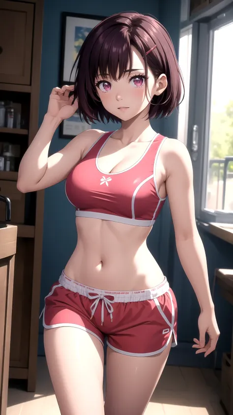 (masterpiece, best quality), intricate details, shizukazom100, 1girl, dark purple hair, short hair, bangs, purple eyes, hair ornament, hairclip, medium breasts, tank top, navel, cleavage, midriff, collarbone, shorts, pink shorts, dynamic pose, cowboy shot, looking at viewer, indoors, <lora:shizukazom100:0.7>