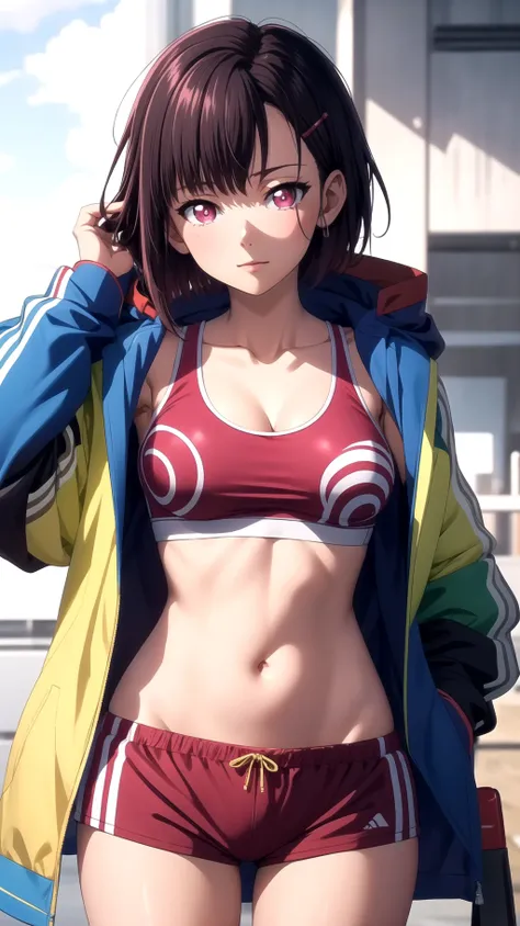 (masterpiece, best quality), intricate details, shizukazom100, 1girl, short hair, dark purple hair, bangs, hair ornament, hairclip, pink eyes, white pupils, medium breasts, collarbone, blue jacket, sports bra, navel, midriff, pink shorts, dynamic pose, <lora:shizukazom100 v3:0.7>