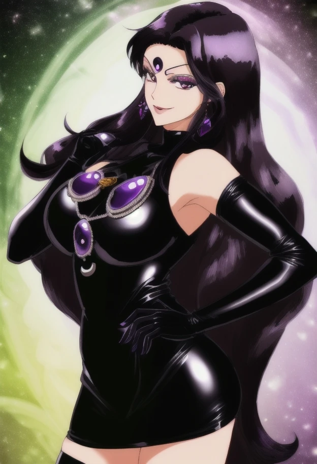 high quality, extremely detailed, perfect face, <lora:Esmeraude:.7> Esmeraude, (long purple-black hair), (black moon symbol on forehead), black latex bodycon dress, large green gems, large breasts, long black latex gloves, evil smirk <lora:SailorMarsLORA-000026:1>