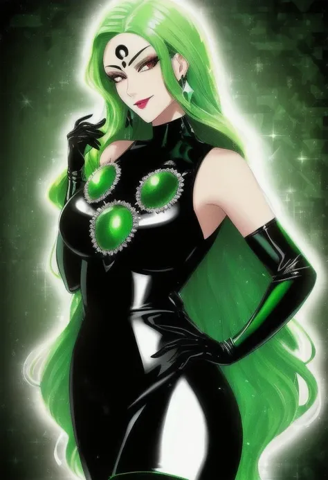 high quality, extremely detailed, perfect face,  <lora:Esmeraude:.8> Esmeraude, long green hair, (black moon symbol on forehead), black latex bodycon dress, large green gems, large breasts, long black latex gloves, evil smirk