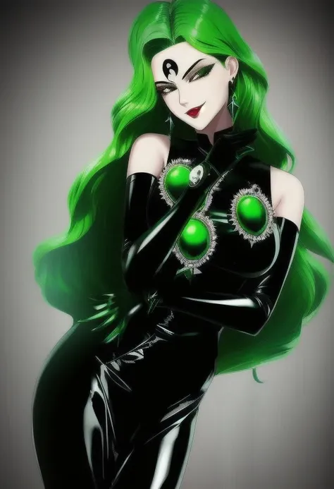 high quality, extremely detailed, perfect face,  <lora:Esmeraude:.8> Esmeraude, long green hair, (black moon symbol on forehead), black latex bodycon dress, large green gems, large breasts, long black latex gloves, evil smirk