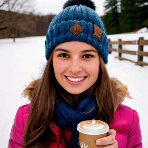 (RAW photo, best quality), 1girl, winter, snowflakes, holding a coffee, beanie hat, scarf, aroma, smile, <lora:JoannaC1-000005:1>