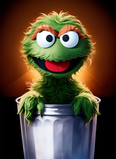 oscar, furry male, monster boy, portrait, solo, in trash, (body fur:1.2), (best quality), (sesame street background:1.2), dramatic lighting, (detailed fluffy fur:1.1), looking at viewer, furry mouth, <lora:oscar-v1:1>