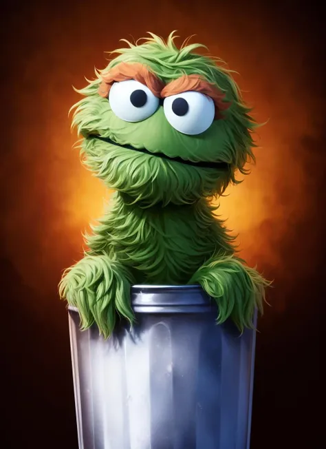 oscar, furry male, monster boy, portrait, solo, in trash, (body fur:1.2), (best quality), (sesame street background:1.2), dramatic lighting, (detailed fluffy fur:1.1), looking at viewer, <lora:oscar-v1:1>