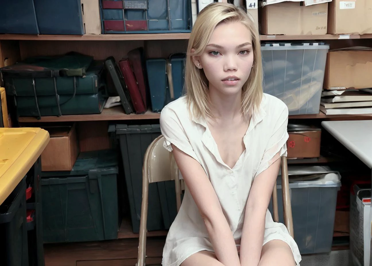 <lora:shoplifter_interrogation-10:1> shoplifter_interrogation, woman sasha luss sitting in a chair