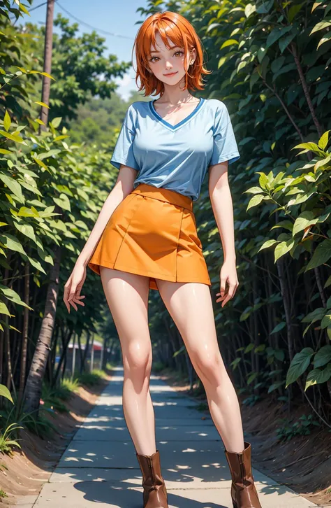 a cute girl,perfect face, large breasts,detailed background,extremely detailed cg unity 8k wallpaper,highres,shiny skin,<lora:GoodHands-vanilla:1>,<lora:add_detail:0.6>, <lora:nami_pre_timeskip_offset:0.8>,nami \(one piece\), short hair, asymmetrical bangs, bangs, blue shirt, white shirt, yellow skirt, breasts, collarbone, hair behind ear, miniskirt, orange eyes, orange hair, orange slice, outdoors, shirt, short sleeves, skirt,bright smile,thighs,panty peek, boots,fullbody, standing in front of orange trees, confident pose